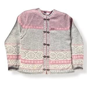 Vintage Susan Bristol Wool Pink Gray Fair Isle‎ Cardigan Small Nordic Knit Cozy